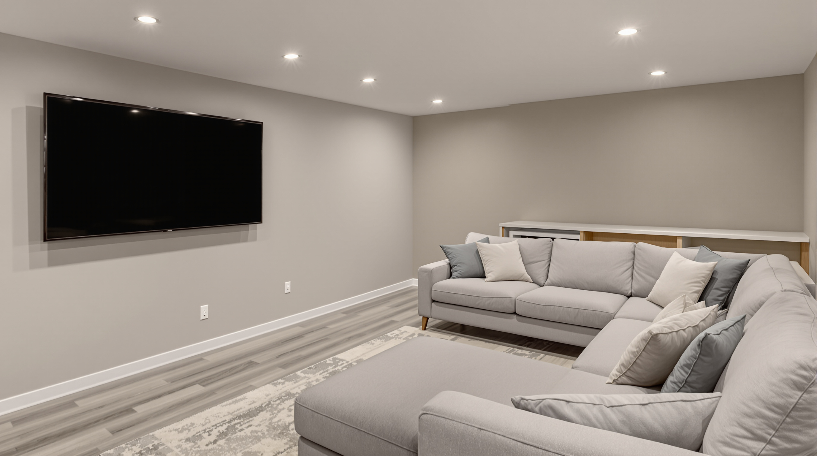 Finished basement with recessed lights, LVT flooring, and egress window